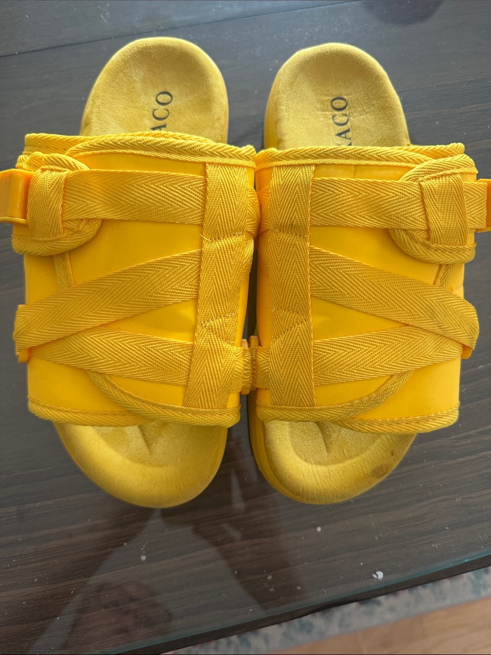 DRACO Yellow Slide Sandals with Woven Strap Detail 7/8